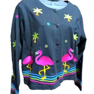 🩷💙Cardigan Sister Act Embroidered Flamingos & Palm Trees Button Front Size M